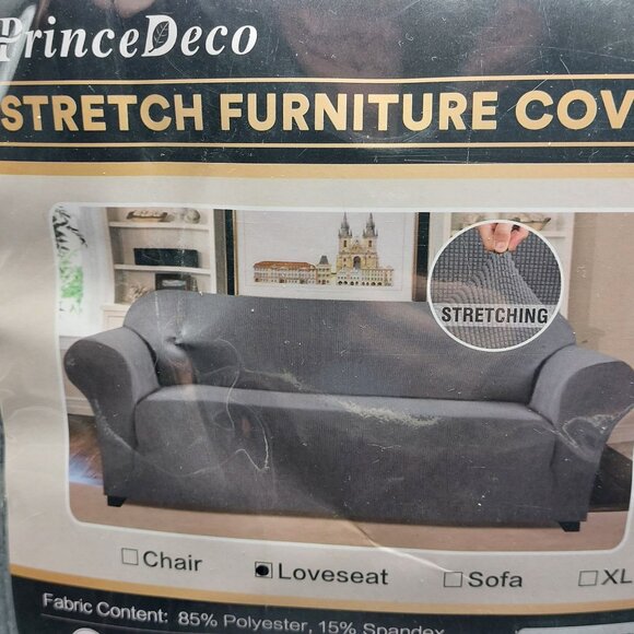 NWT PrinceDeco Stretch Furniture Cover for Loveseat, Gray 85% Polyester & 15% Sp - Picture 2 of 5